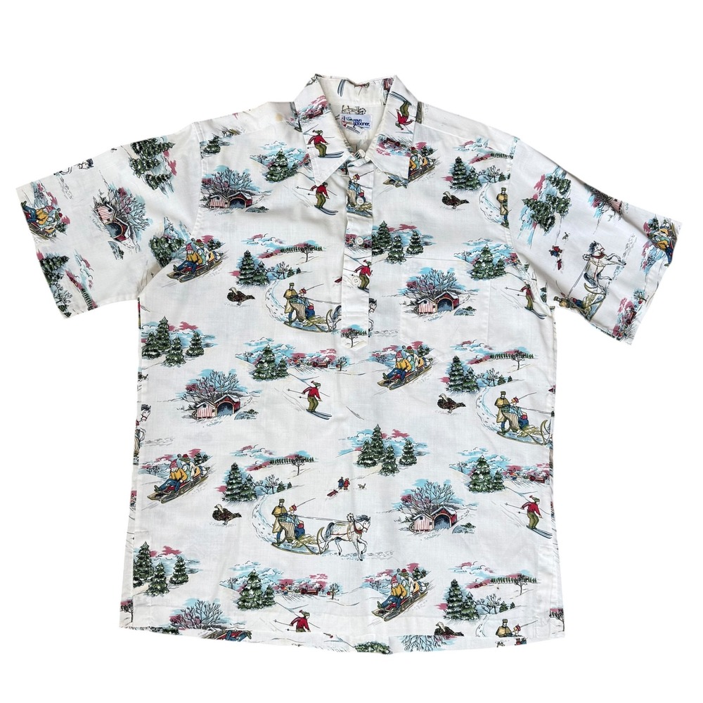 Reyn Spooner Mens Vintage Winter Ski Sleigh Print Pullover Shirt White Large